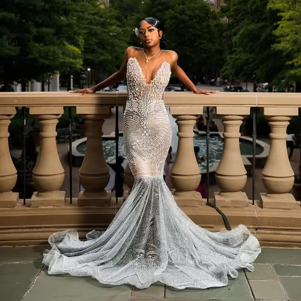 Silver Glitter Beaded Crystal Long Prom Dresses For Black Girls 2025 Sexy Sheer Mermaid Birthday Party Evening Gown Customized
