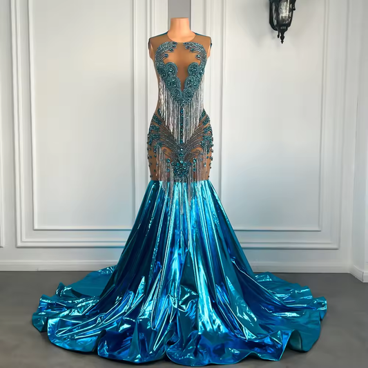 Luxury Long Prom Dresses 2025 Sexy Mermaid Style Sheer Beaded Tassel Turquoise Black Girls Prom Party Gowns