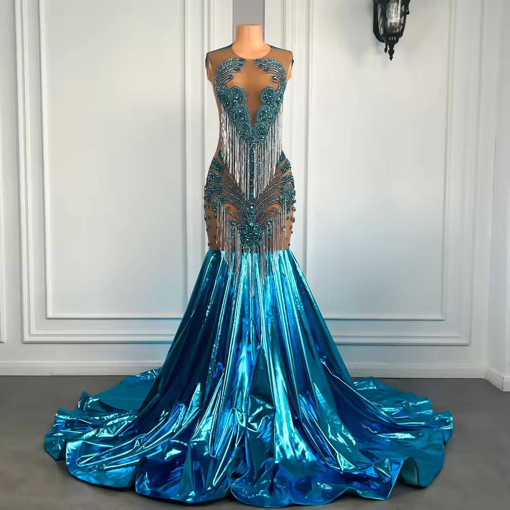 Luxury Long Prom Dresses 2025 Sexy Mermaid Style Sheer Beaded Tassel Turquoise Black Girls Prom Party Gowns