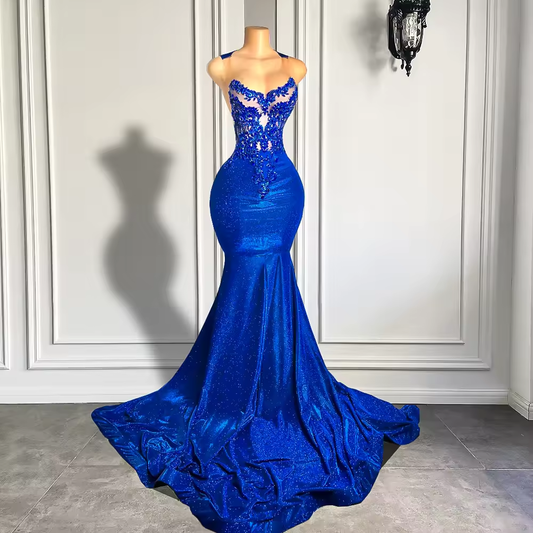 Royal Blue Long Prom Dresses 2025 Luxury Beaded Embroidery Sexy Mermaid Style Black Girl Prom Gala Party Gowns