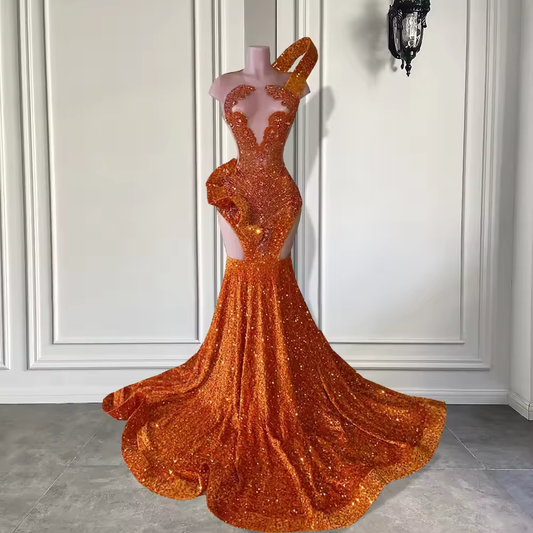 Long Orange Prom Dress 2025 Gorgeous Sexy Mermaid Sheer Mesh Sparkly Sequin Black Girls Prom Party Gowns
