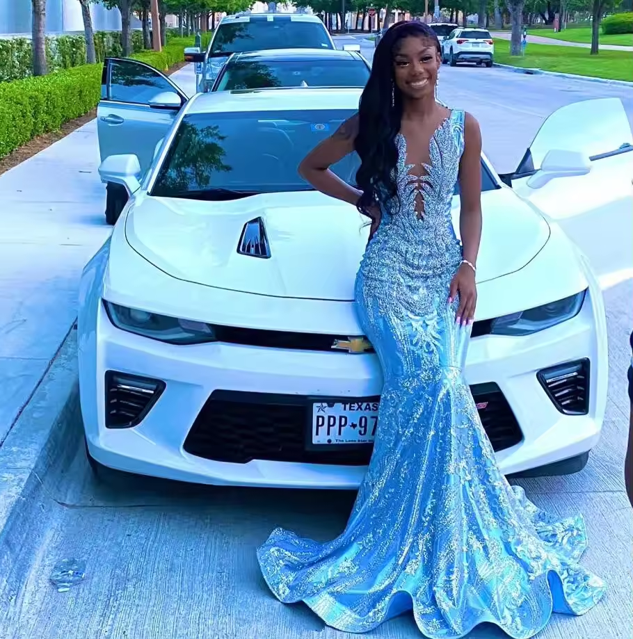 Sky Blue Long Mermaid Prom Dress for Women Silver Diamond Crystal Applique Black Girl Birthday Evening Gown Formal Dresses