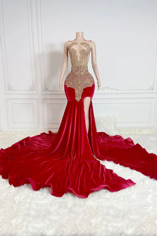Red Scoop Sleeveless Formal Dresses Mermaid With Split Beadings Crystals