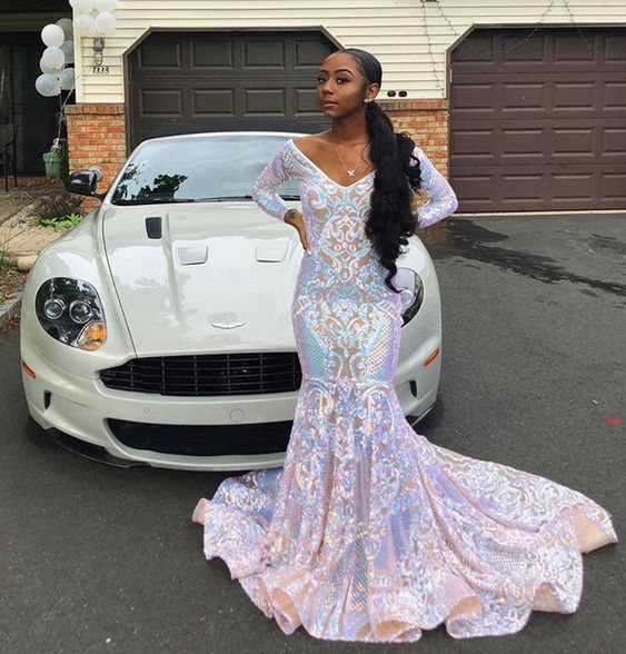 Sexy Sparkly Mermaid Prom Dresses V Neck Off Shouldder Sequined Lace Long Sleeves Sequins Sweep Train Evening Dress Party Pageant Formal Gowns