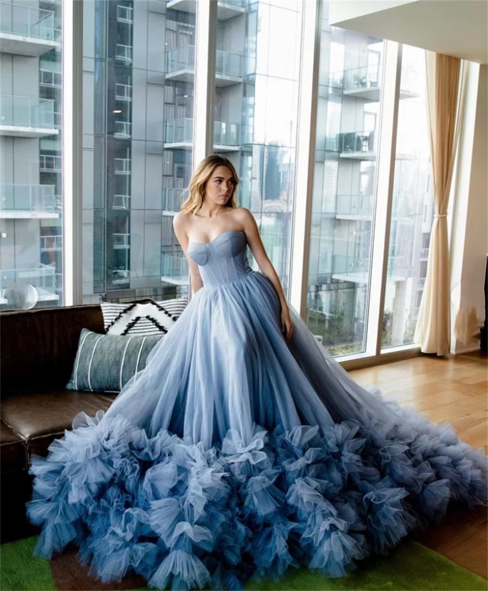 Blue Prom Dresses Strapless Tulle Evening Dress Sweet Trailing Princess Formal Occasion Party Dresses Customized
