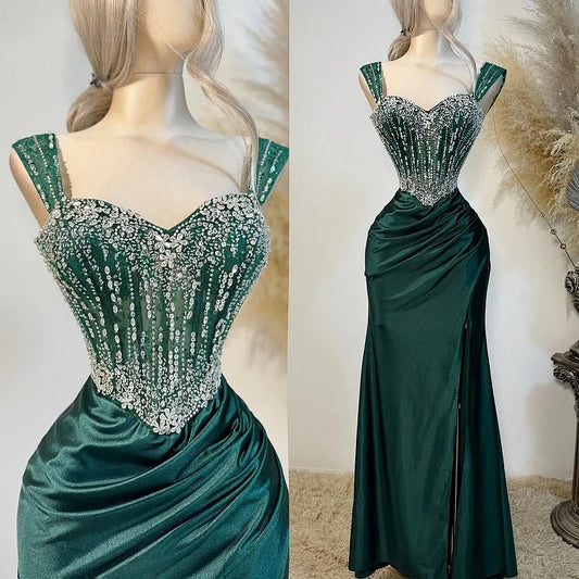 Dark Green Sweetheart Sleeveless Mermaid Evening Dress Straps With Split Beadings Crystals