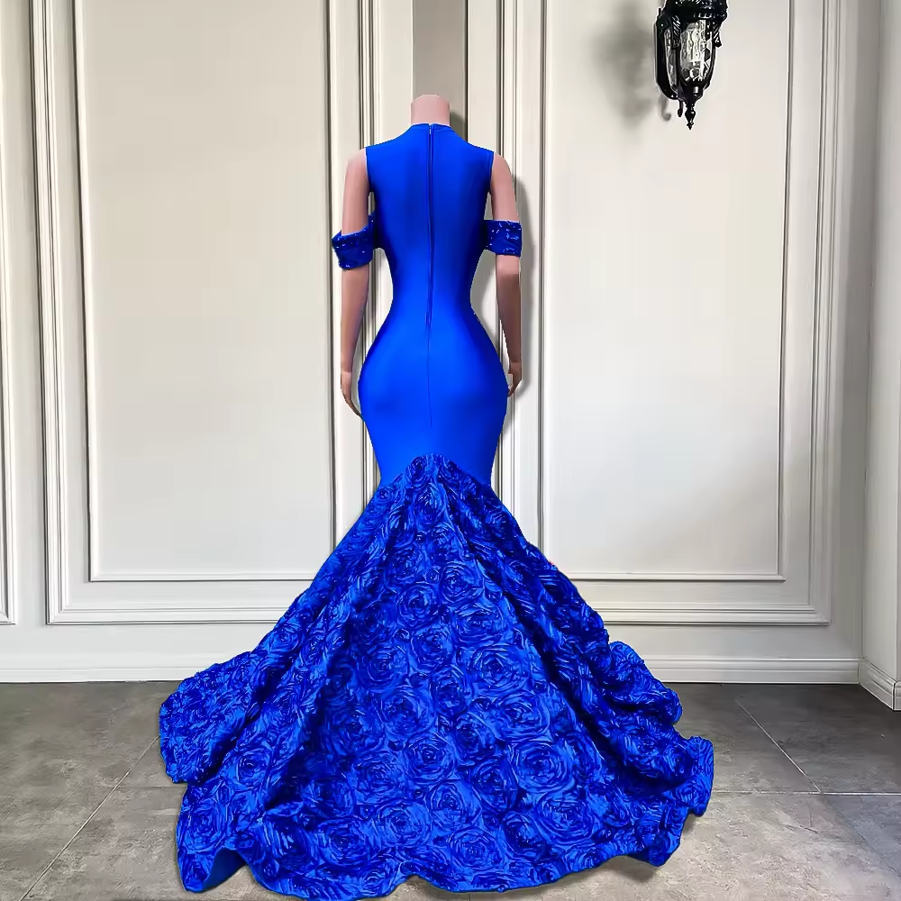 Long Prom Dresses 2025 Luxury Sheer O-neck Off The Shoulder Sparkly Diamond Black Girl Royal Blue Prom Gala Formal Gowns