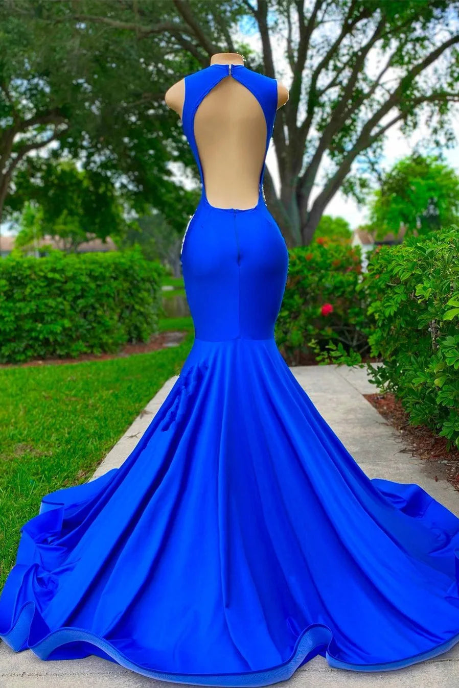 Royal Blue Sleeveless Mermaid Prom Dress with Sexy Cut Out and Appliques