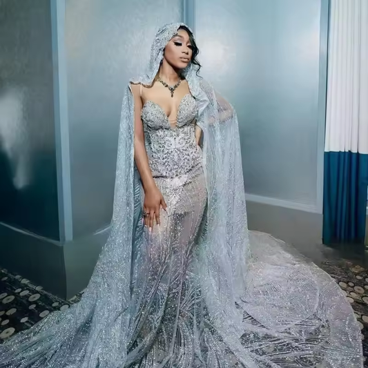 Luxury Crystal Prom Dresses With Cloak 2025 Black Girls Beading Mermaid Party Gowns See Through African Evening Dress Customized