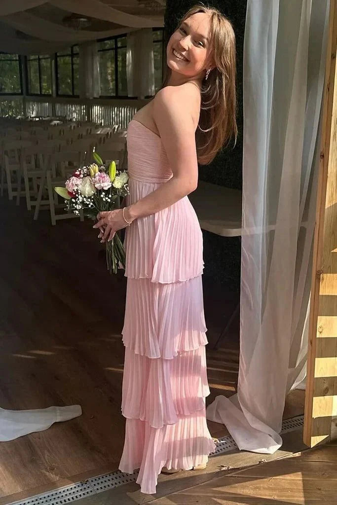 Cream Yellow/Light Pink/Green Fashion Elegant Strapless Long Chiffon Layered Ball Gown Evening Dress Wedding Bridesmaid Party Dress Prom Dress