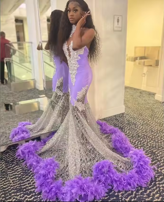 Lavender Purple Long Prom Dresses Sparkly Crystal Applique Feather Sheer Mesh Black Girl Evening Party Gala Gown