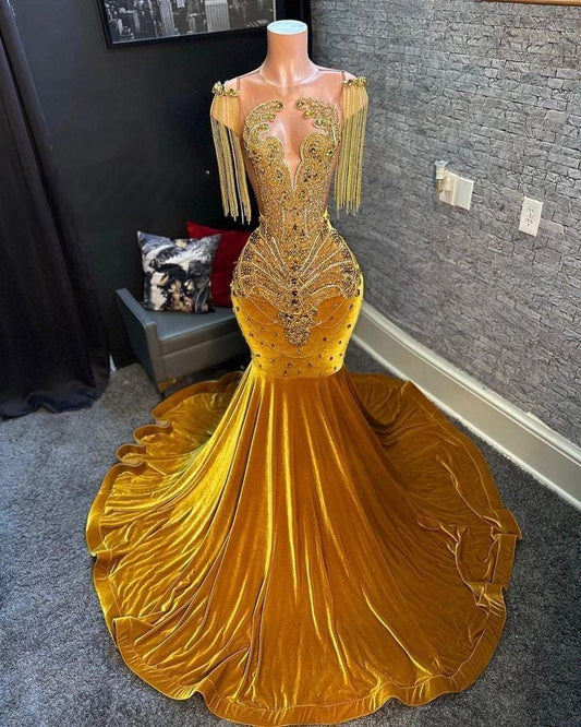 Gold velvet prom dress,Mermaid dress,Reception dress,Prom dress