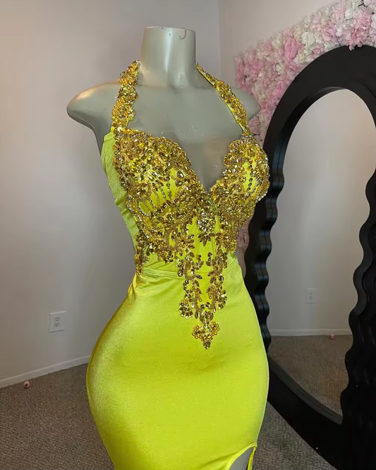Sexy Halter Mermaid Prom Dresses for Black Girls Sparkly Beaded Embroidery High Slit Long Prom Gala Gowns Customized