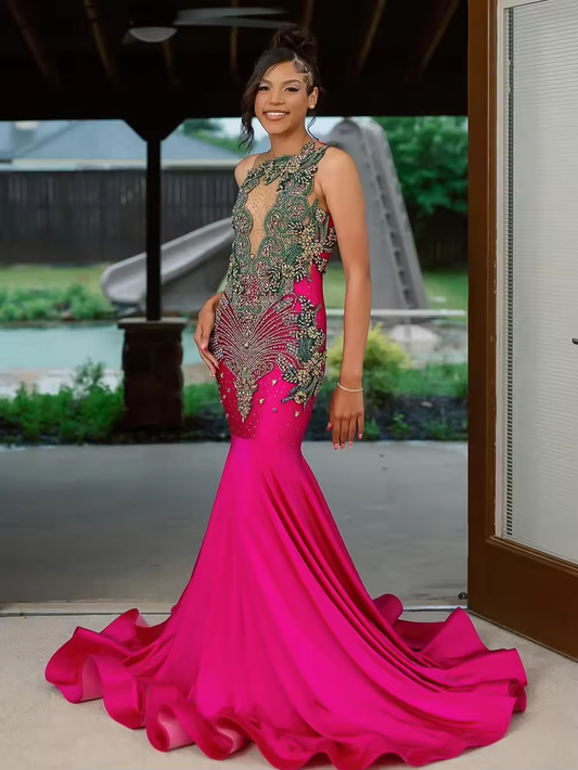 Hot Pink Mermaid Prom Dress 2025 Luxury Green & Gold Embroidered Crystals Bodice Elegant Black Girls Long Formal Gown Customized