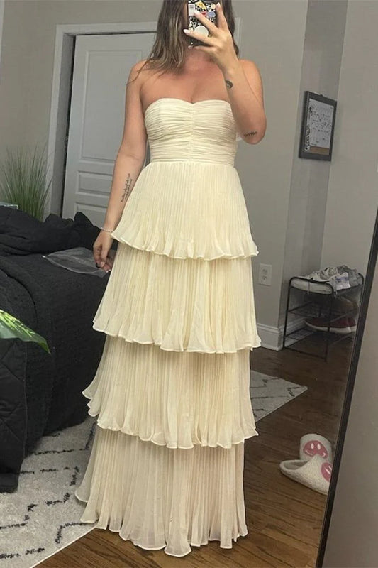 Cream Yellow/Light Pink/Green Fashion Elegant Strapless Long Chiffon Layered Ball Gown Evening Dress Wedding Bridesmaid Party Dress Prom Dress