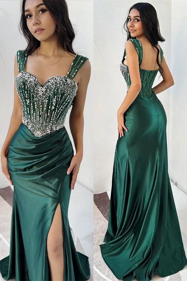 Dark Green Sweetheart Sleeveless Mermaid Evening Dress Straps With Split Beadings Crystals