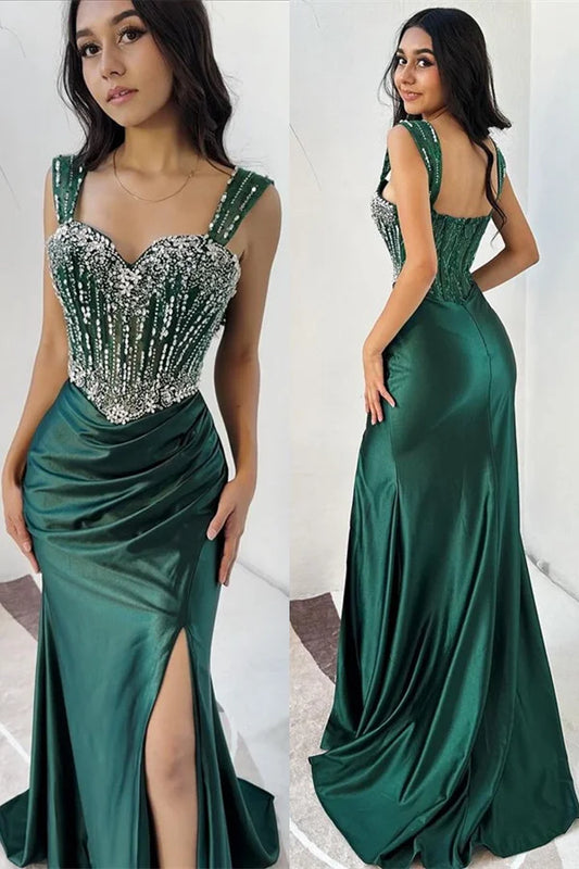 Dark Green Sweetheart Sleeveless Mermaid Evening Dress Straps With Split Beadings Crystals