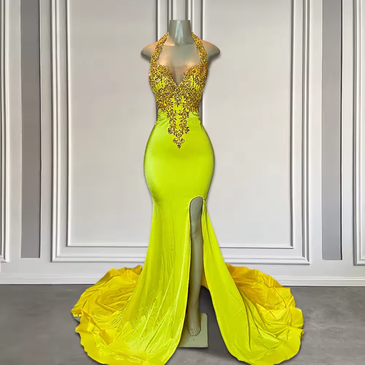 Sexy Halter Mermaid Prom Dresses for Black Girls Sparkly Beaded Embroidery High Slit Long Prom Gala Gowns Customized