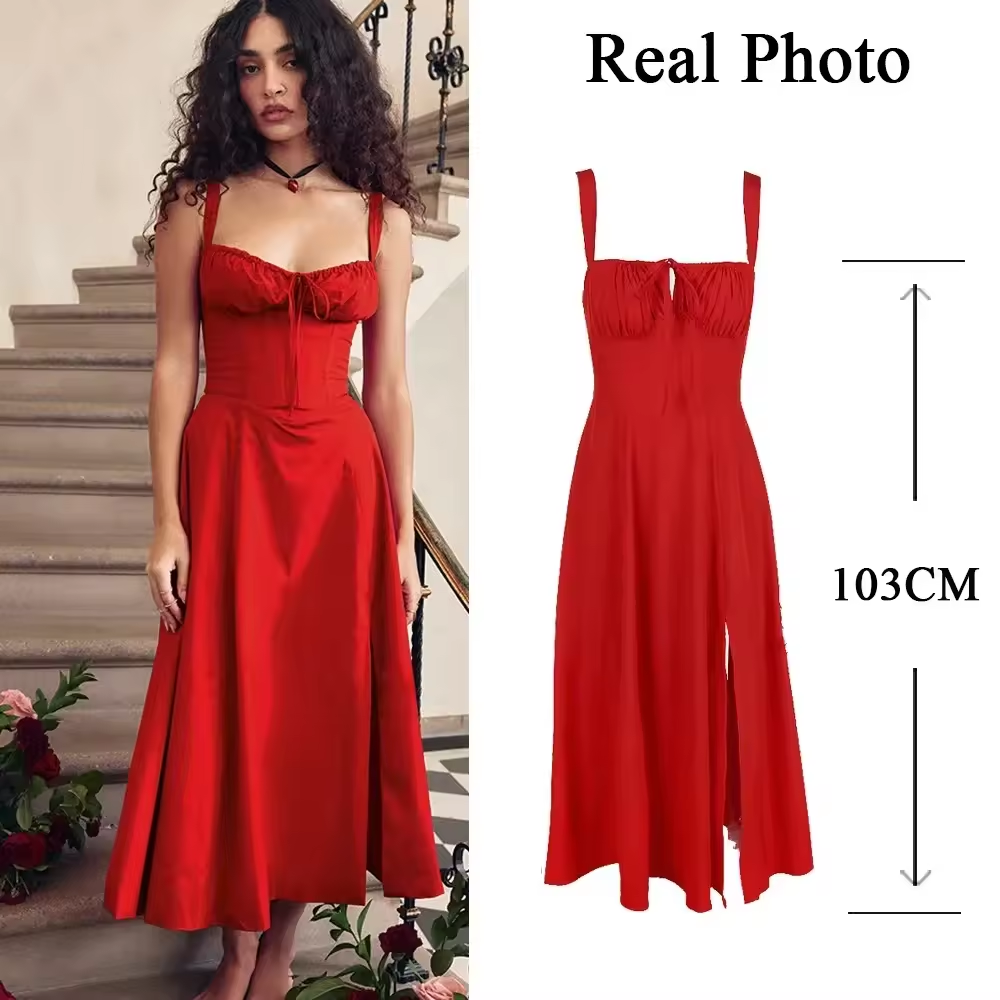 Summer Spaghetti Strap Midi Dress Elegant Long Lace Up Party Go Out Holiday Dress Balck Casual Dress for Women