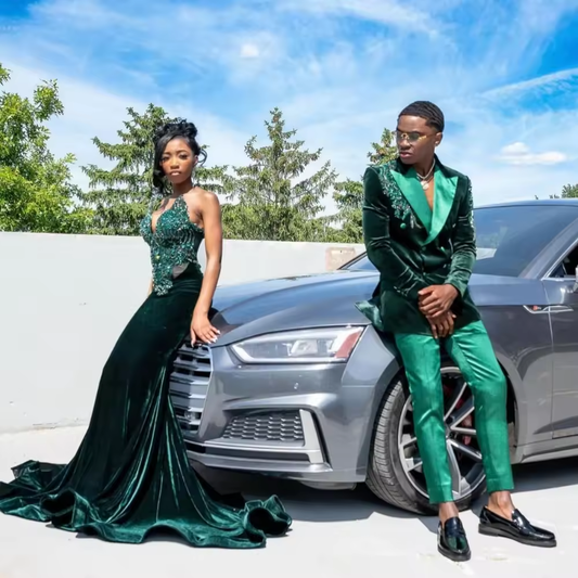 Customized Dark Green Velvet Mermaid Prom Dress For BlackGirl Shiny Crystal Beaded Party Gown