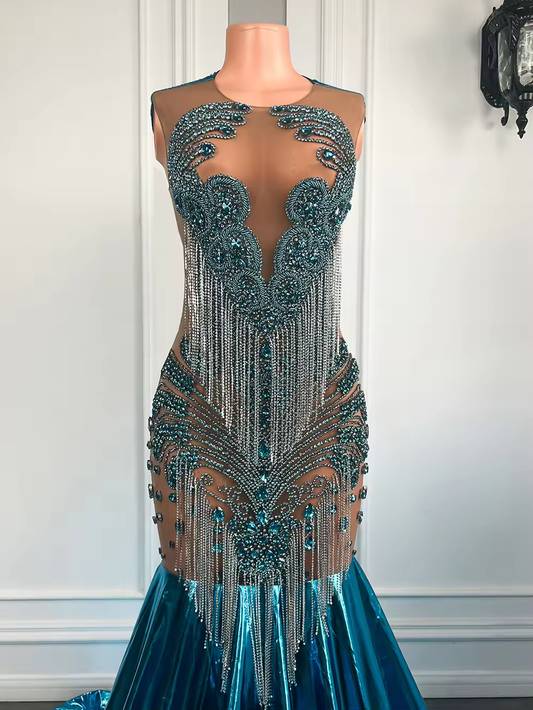 Luxury Long Prom Dresses 2025 Sexy Mermaid Style Sheer Beaded Tassel Turquoise Black Girls Prom Party Gowns
