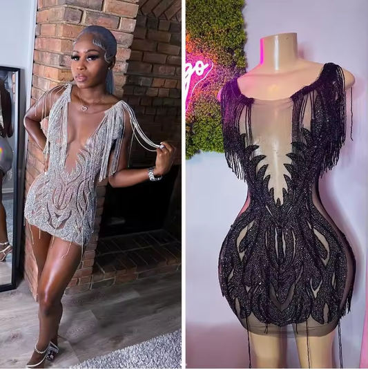 Silver See Through Short Prom Homecoming Dress Luxury Sparkly Diamond Crystal Tassel Black Girl Birthday Gown for Women