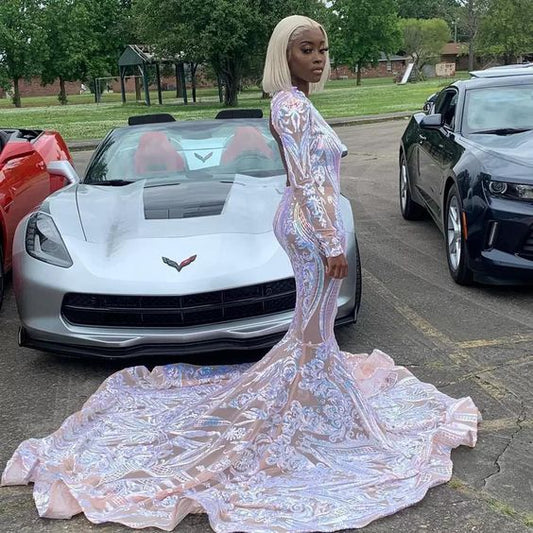 Sparkly Sexy Illusion Sequined Lace Prom Dresses Deep V neck Long Sleeves Evening Gowns Custom Made Birthday Party Wear Backless Sequins