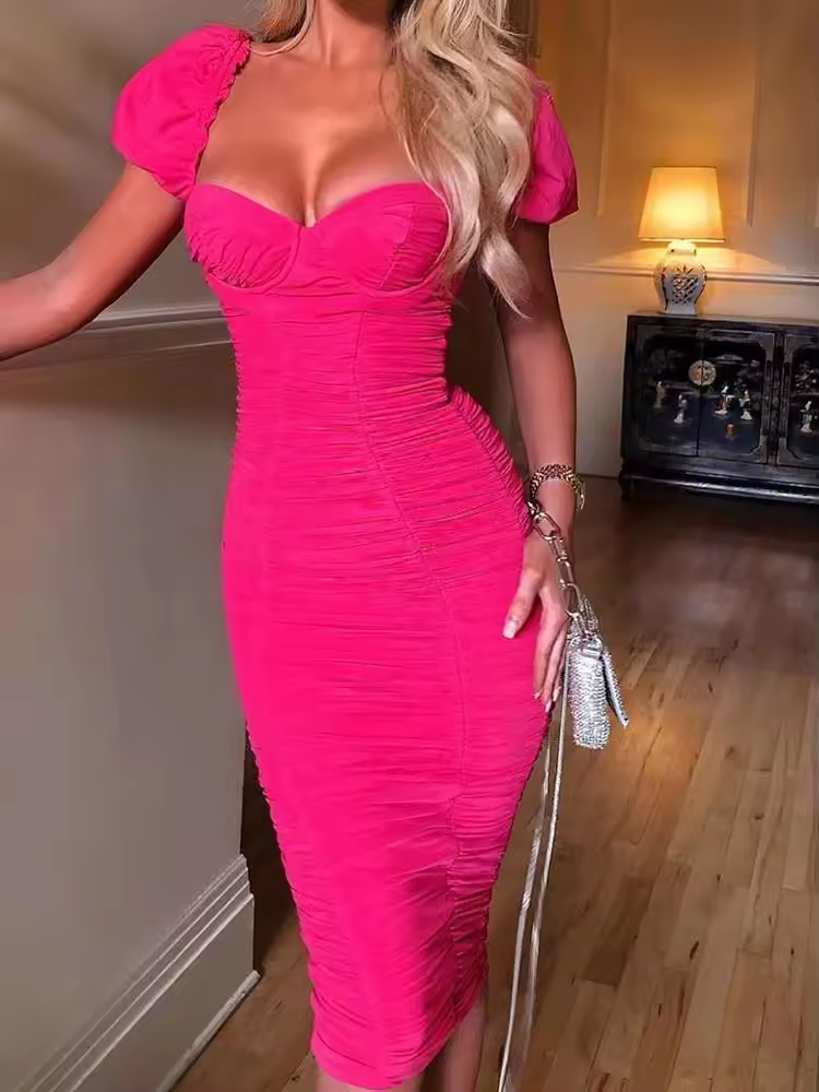 Summer Women's Puff Sleeve Mesh Pleated Midi Dress With Pads Sexy Party Women's Dress Double Layer