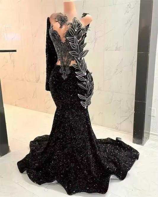 Black O Neck Long Prom Dress For Black Girls Beaded Crystal Sequin Birthday Party Dresses Appliques Evening Gowns Customized