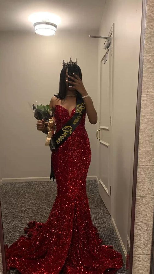 Strapless Sequin Purple Evening Dresses Mermaid Long Prom Dress