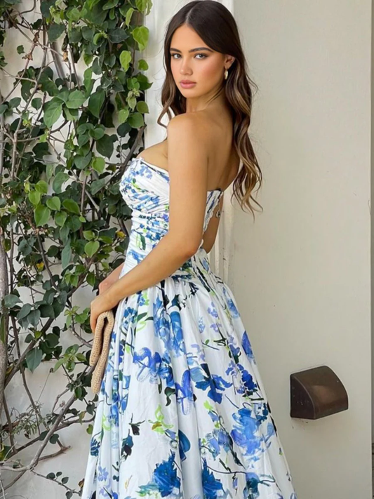 A-Line Blue Printed Strapless Long Prom Dress