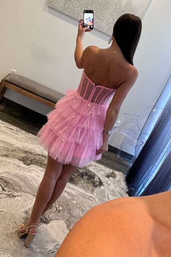 A-Line Boat Neck Sequins Sparkly Tulle Tiered Homecoming Dress