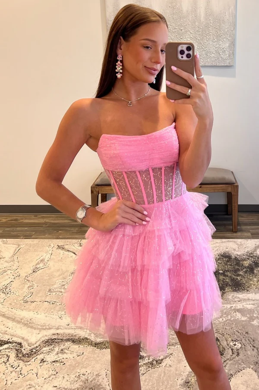 A-Line Boat Neck Sequins Sparkly Tulle Tiered Homecoming Dress