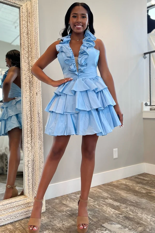 A-Line Low V Neck Halter Ruffles Tiered Open Back Homecoming Dress