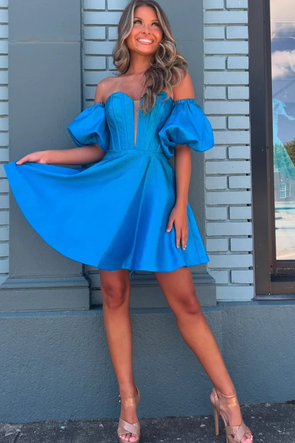 A-Line Off Shoulder Detachable Half Puffy Sleeves Homecoming Dress