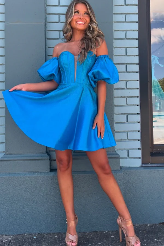 A-Line Off Shoulder Detachable Half Puffy Sleeves Homecoming Dress