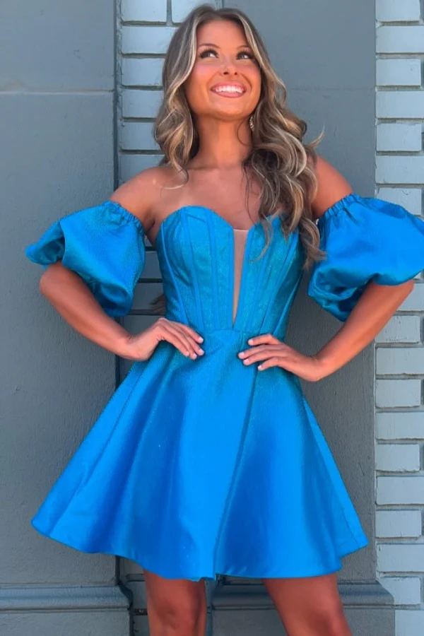 A-Line Off Shoulder Detachable Half Puffy Sleeves Homecoming Dress