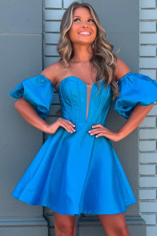 A-Line Off Shoulder Detachable Half Puffy Sleeves Homecoming Dress