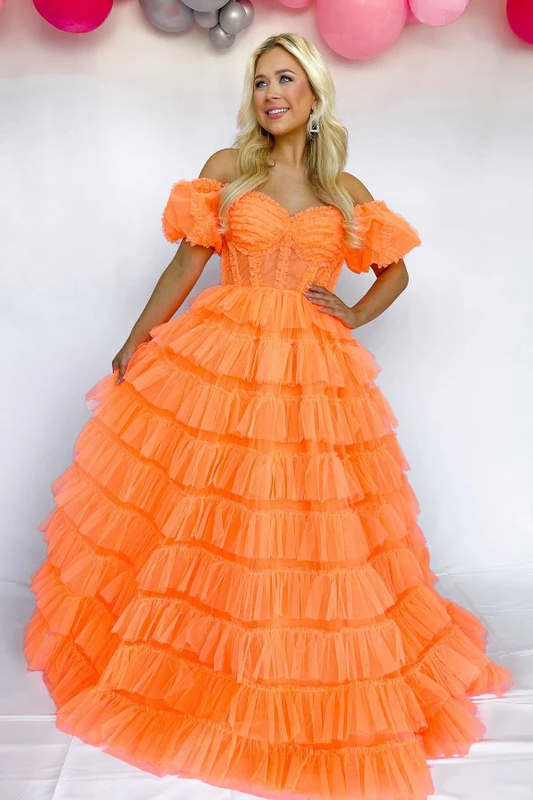 A-Line Off Shoulder Half Sleeves Ruffles Tulle Tiered High Side Slit and Train Evening Dress Prom Party Dress Formal Party Gown