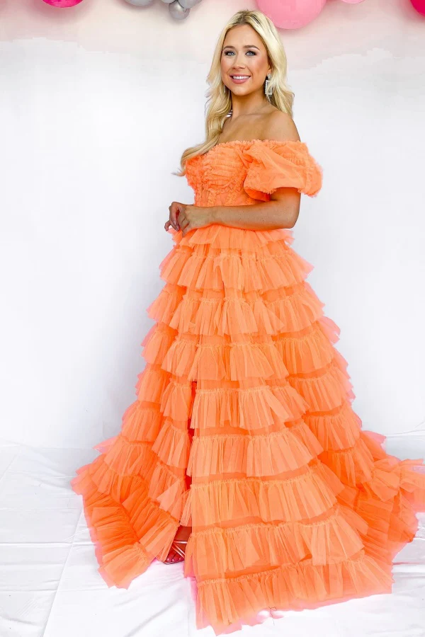 A-Line Off Shoulder Half Sleeves Ruffles Tulle Tiered High Side Slit and Train Evening Dress Prom Party Dress Formal Party Gown