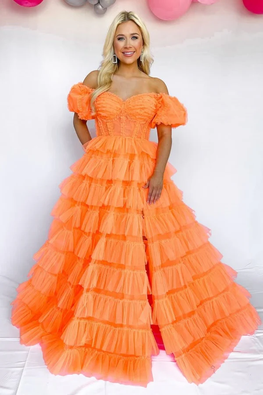 A-Line Off Shoulder Half Sleeves Ruffles Tulle Tiered High Side Slit and Train Evening Dress Prom Party Dress Formal Party Gown