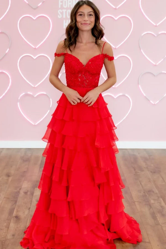 A-Line Off Shoulder Spaghetti Straps Sleeveless Appliques Beaded Chiffon Tiered High Side Slit and Train Prom Party Dress Evening Formal Gown Cocktail Dress