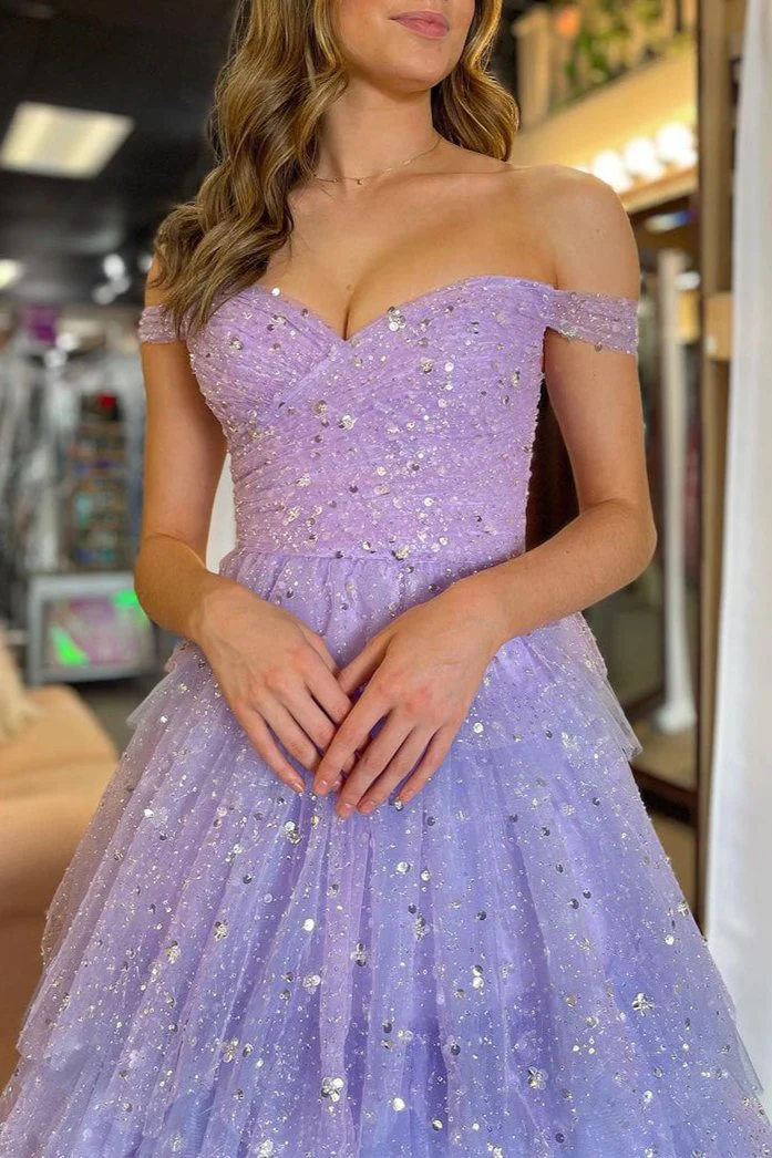 A-Line Off the Shoulder Ruffle Tiered Tulle Long Prom Dress