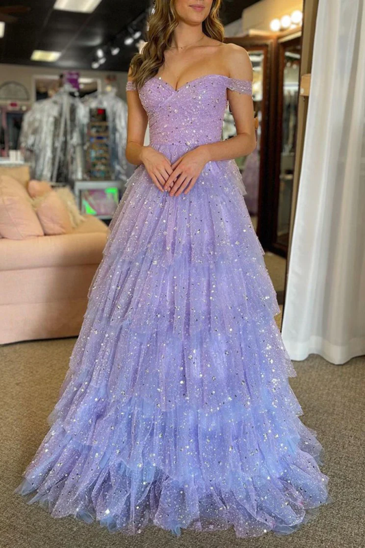 A-Line Off the Shoulder Ruffle Tiered Tulle Long Prom Dress