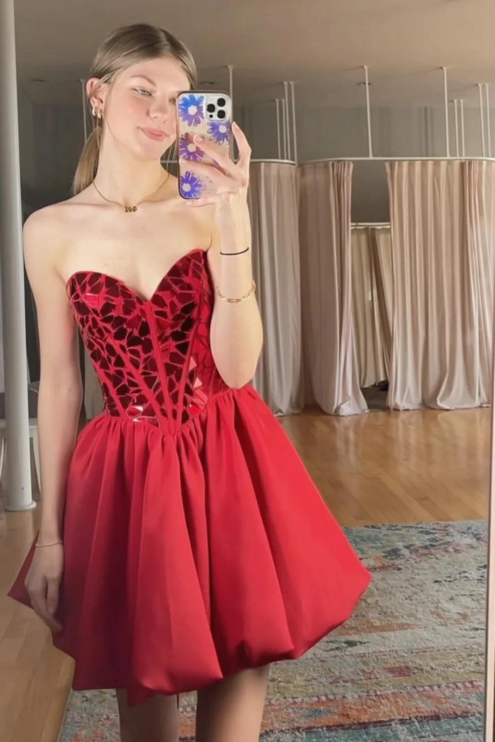 A-Line Red Sweetheart Satin Short Homecoming Dress with Mirror cuts
