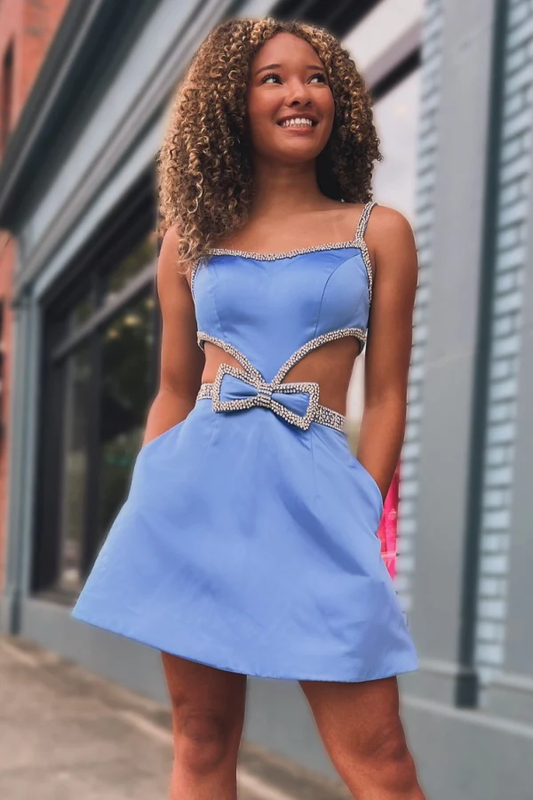 A-Line Square Neck Spaghetti Straps Beaded Homecoming Dress