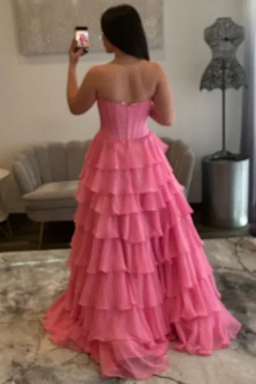 A-Line Strapless Appliques Ruffles Tiered High Side Slit and Train Prom Dress