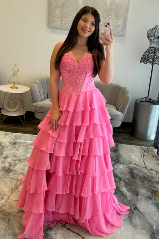 A-Line Strapless Appliques Ruffles Tiered High Side Slit and Train Prom Dress
