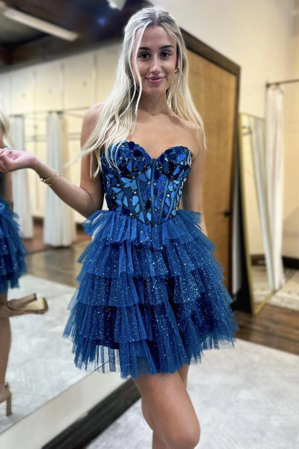 A-Line Strapless Blue Mirror-Cuts Glitter Tulle Short Homecoming Dresses