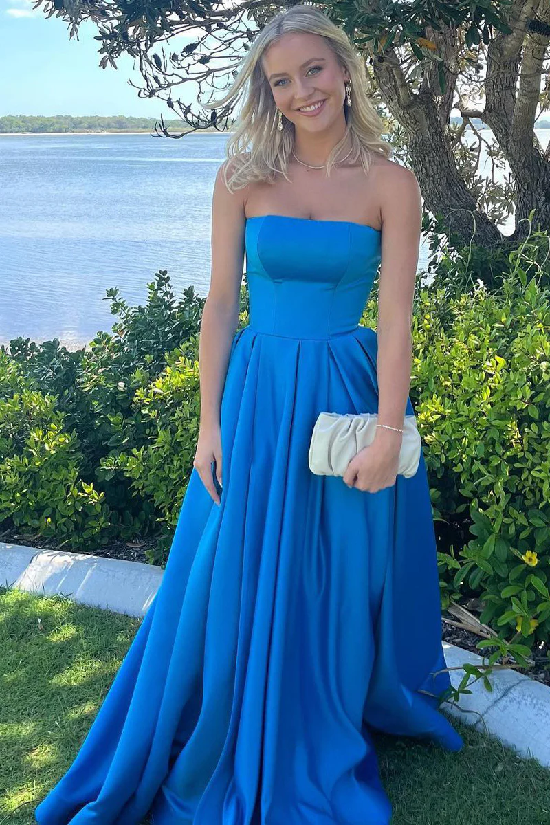 A-Line Strapless Blue Satin Long Prom Dresses